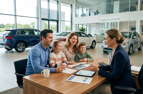 DriveWise lending specialist reviewing a car loan application with a client in a bright modern office